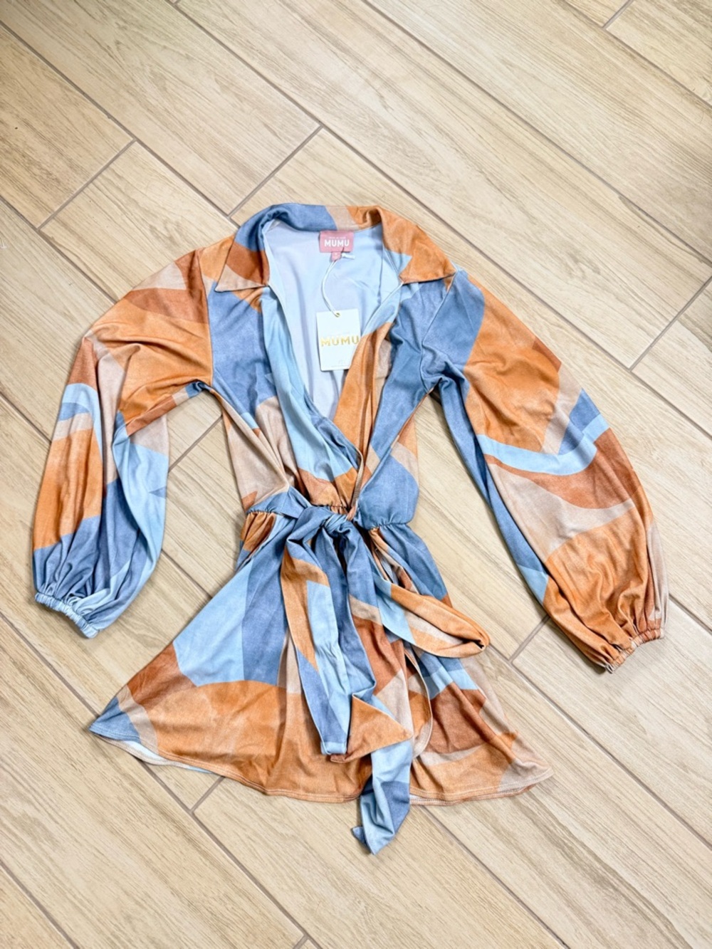NWT Show Me Your Mumu Patsy Mini Dress S Retro Abstract Wrap Balloon Sleeve Boho